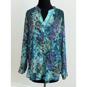 Soft Surroundings Women’s M Blouse Colorful Semi Sheer Floral Pleated‎ Button Up